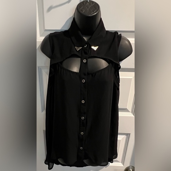 🥈 Poetry Sheer Hi-Low Collar Tip Cut-Out Blouse - Picture 2 of 12